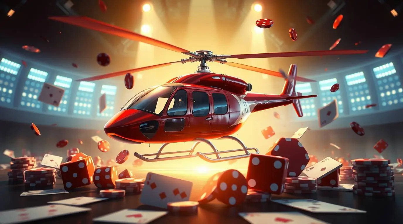Obraz czerwonego animowanego helikoptera z żetonami pokerowymi, kostkami, garniturami kart latającymi dookoła